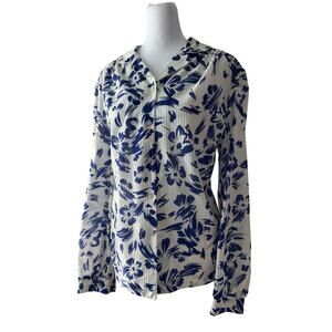 Vintage ‘80s Graff Californiawear Blue & Ivory Button Front Long Sleeve Blouse